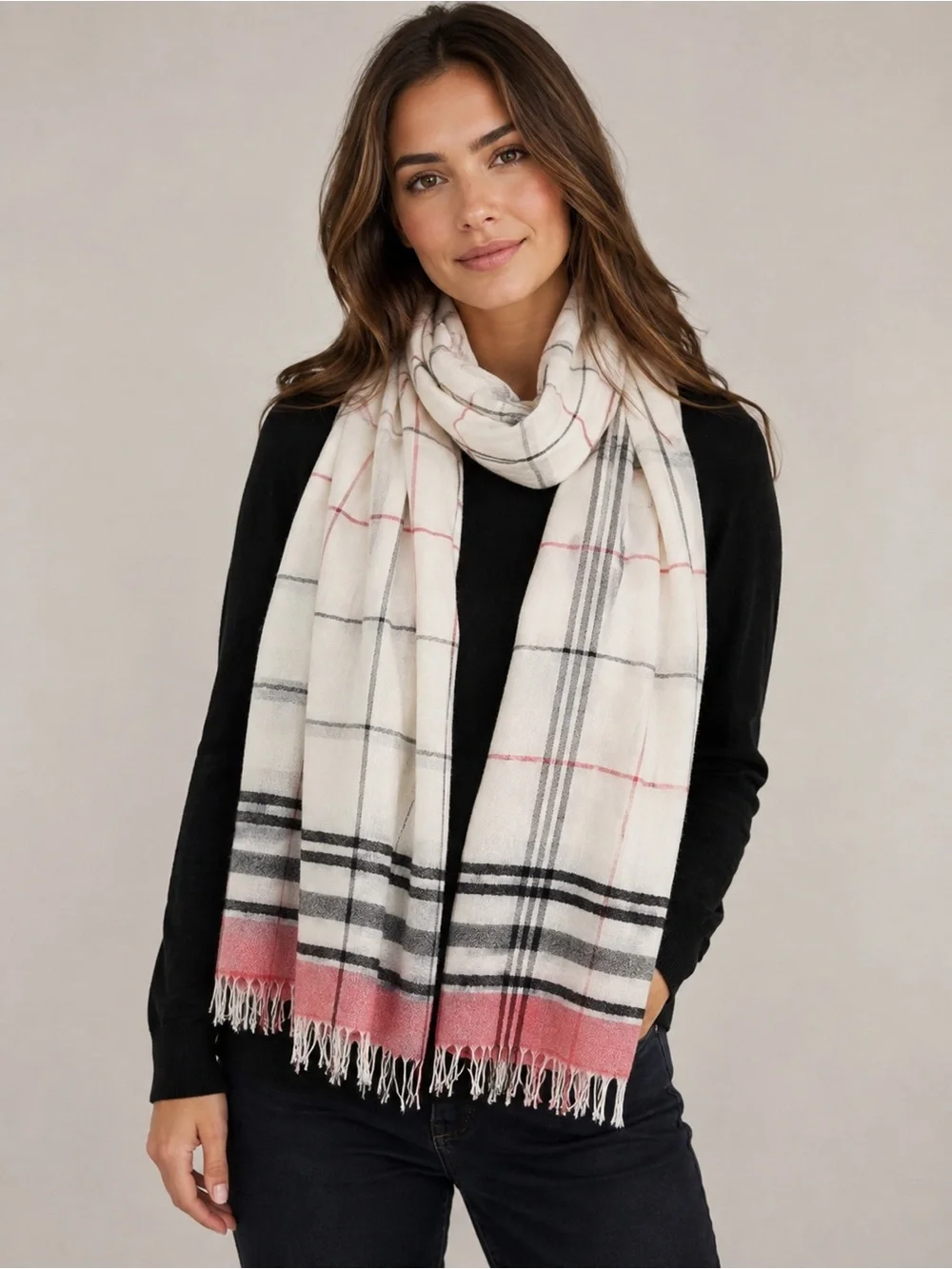 Like New Begg & Co luxury plaid scarf with fringed edges